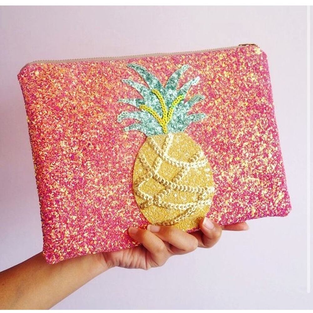 Suki Sabur Pink Glitter Pineapple Clutch Cosmetic Bag Pouch Paisley Lining
